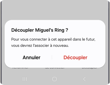Boîte de dialogue de confirmation pour découpler un appareil Bluetooth d’un Samsung Galaxy.