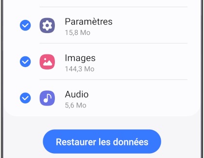 Le bouton Restaurer les données (à partir d'une sauvegarde temporaire dans le nuage) est affiché sur un téléphone Samsung Galaxy