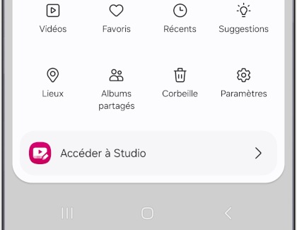 Menu de l'application Galerie affiché sur l'écran d'un Samsung Galaxy.