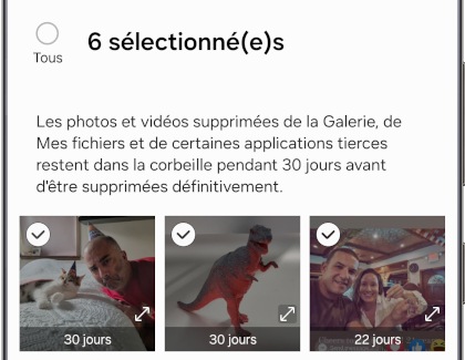 Images sélectionnées dans la corbeille de l'application Galerie sur un Samsung Galaxy.