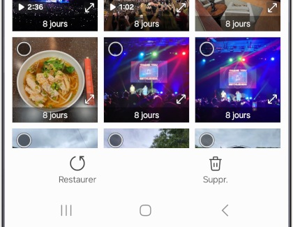 Images sélectionnées dans la corbeille de l'application Galerie sur un Samsung Galaxy.