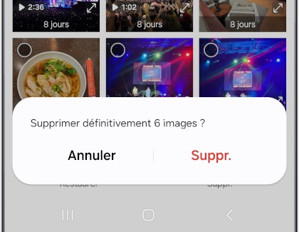 Écran de la corbeille de l'application Galerie sur un Samsung Galaxy avec une fenêtre contextuelle affichant l'option "Suppr."