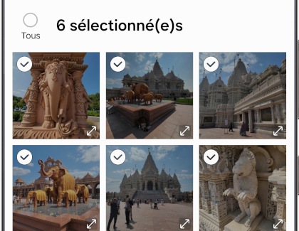 Écran d'accueil de l'application Galerie sur un Samsung Galaxy avec des images et des vidéos sélectionnées.