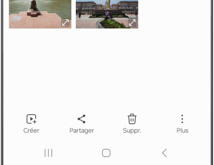 Écran d'accueil de l'application Galerie sur un Samsung Galaxy avec des images et des vidéos sélectionnées.