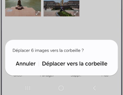 Écran d'accueil de l'application Galerie sur un Samsung Galaxy avec une fenêtre contextuelle affichant l'option "Déplacer vers la corbeille".