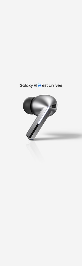 A single, silver colored Galaxy Buds3 Pro earbud. The text 'Galaxy AI is here' with a Galaxy AI icon can be seen.