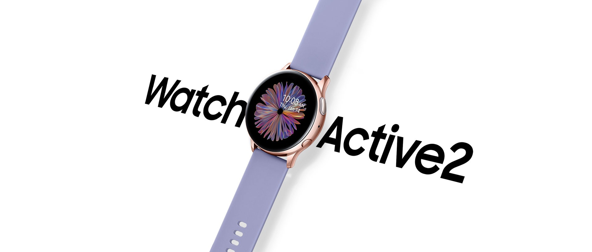 Vue en angle de la montre Galaxy Watch Active2 rose doré avec bracelet sport violet survolant un arrière-plan blanc et les mots « Watch Active 2 » en grande police noire.
