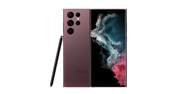 Rück- und Vorderansicht des Galaxy S22 Ultra in Burgunderrot mit angelehntem S Pen .