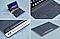 Vier Bilder von einem Galaxy Tab S9 mit einem Book Cover Keyboard. Links oben Tab aufgestellt im Cover. Rechts oben Detailaufnahme von der Book Cover Tastatur. Links unten Detailaufnahme vom S Pen im praktischen Book Cover Keyboard-Fach. Rechts unten Galaxy Tab S9 geschützt in einem Book Cover Keyboard.