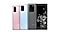 Rückansichten des Galaxy S20 in Cloud Pink, des Galaxy S20+ in Cloud Blue und des Galaxy S20 Ultra in Cosmic Grey, die nebeneinander aufgestellt sind und sich leicht überlappen.