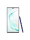 Aufnahme von der Vorderseite eines aufgerichteten Galaxy Note10, an dessen Seite ein S Pen angelehnt ist.