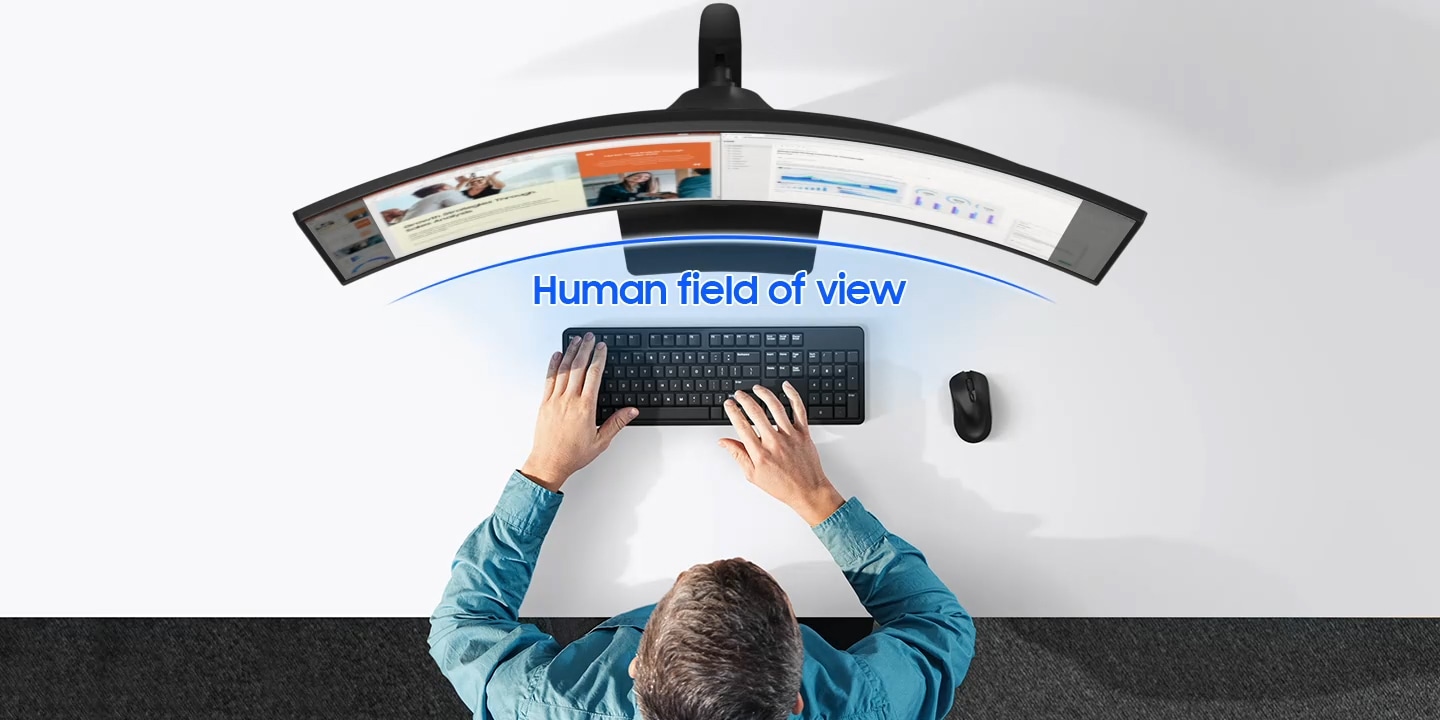 Ein Mann betrachtet seine Dokumente auf einem flachen Bildschirm, der an beiden Enden eine Verzerrung der Sicht verursacht. Der Monitor krümmt sich, um sich dem menschlichen Blickfeld anzupassen, sodass der Inhalt deutlich zu sehen ist. Die Szene wechselt und zeigt nur den Curved-Monitor.