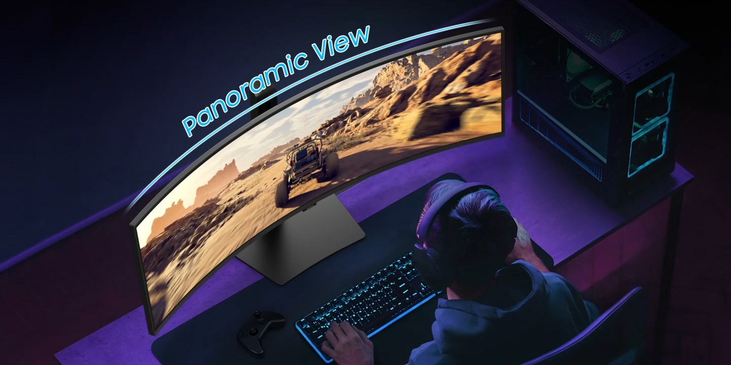 Ein Mann betrachtet seine Dokumente auf einem flachen Bildschirm, der an beiden Enden eine Verzerrung der Sicht verursacht. Der Monitor krümmt sich, um sich dem menschlichen Blickfeld anzupassen, sodass der Inhalt deutlich zu sehen ist. Die Szene wechselt und zeigt nur den Curved-Monitor.