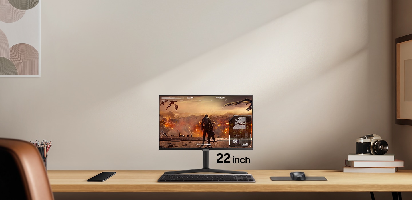Eine moderne Büroeinrichtung mit einem Monitor, der von 22 Zoll auf 57 Zoll wächst.