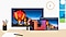 Abgebildet sind ein Desktop-Monitor und ein Macbook mit demselben Bild, das Heißluftballons in verschiedenen Farben enthält, sowie ein ipad und ein iphone, die dasselbe Menü auf einem Schreibtisch mit Blick auf ein Fenster und eine Uhr anzeigen. Auf dem Schreibtisch liegen außerdem Stifte in einer Tasse und ein Blatt Papier.