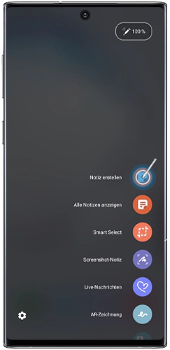 Das S Pen Befehle-Menü des Galaxy Note10 wird angezeigt.