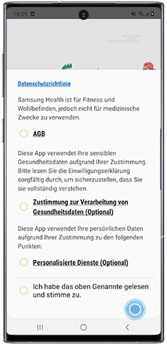 Akzeptieren Sie die Samsung Health Konditionen, um die App mit dem Galaxy Note10 zu verwenden.