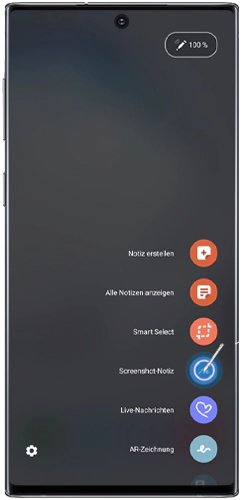 Es wird angezeigt, wie eine neue Screenshot-Notiz im S Pen Befehle-Menü des Galaxy Note10 kreiert wird.