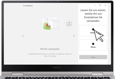 Es wird angezeigt, wie das Smartphone über die Ihr Smartphone App mit dem PC verbunden wird.