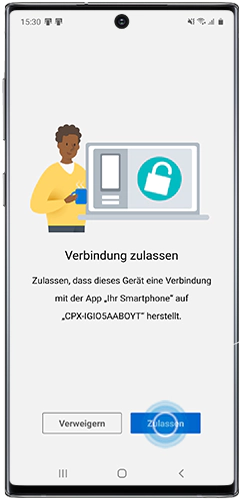 Zulassen ist im Bildschirm zur Verbindung mit Link zu Windows im Galaxy Note10 markiert.