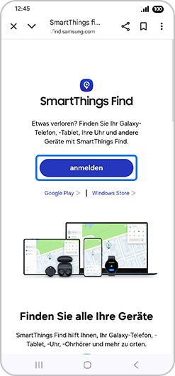 Bildschirm „SmartThings Find“ mit hervorgehobenem „Anmelden“.