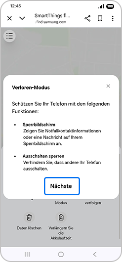 „Verloren-Modus“-Popup-Menü mit hervorgehobenem „Nächste“.