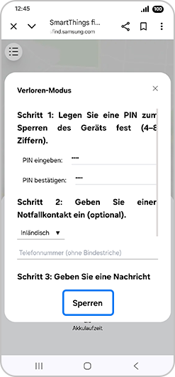 Popup-Menü für den "Verloren-Modus" mit hervorgehobenem „Sperren“.