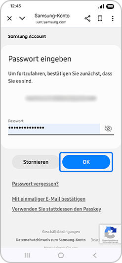 „Passwort eingeben“-Bildschirm mit hervorgehobenem „OK“.