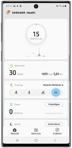 Tippen Sie auf der Startseite der Samsung Health des Galaxy Note10 auf den Bereich Training.