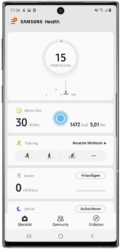 Tippen Sie auf Aktive Zeit, um Ihnen Ihre Trainingsdaten mit Samsung Health anzuzeigen.