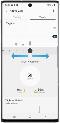 Ziehen Sie die Leiste nach rechts oder links, um einen anderen Trainingstag in Samsung Health anzuzeigen.