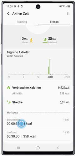 Schauen Sie sich bereits aufgezeichnete Trainingseinheiten in der Samsung Health App des Galaxy Note10 an.