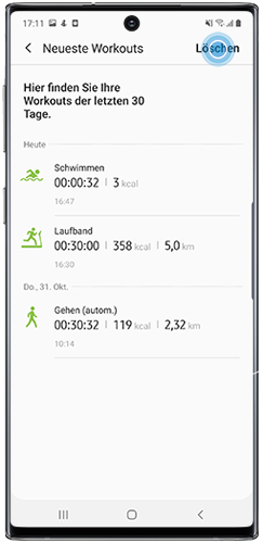 Löschen Sie eine bereits aufgezeichnete Trainingseinheit aus der Samsung Health App des Galaxy Note10.