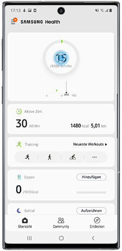 Tippen Sie in der Samsung Health App des Galaxy Note10 auf den Bereich Schrittezählen.