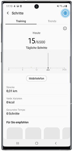 Tippen Sie in der Samsung Health App des Galaxy Note10 auf das Symbol für weitere Optionen.