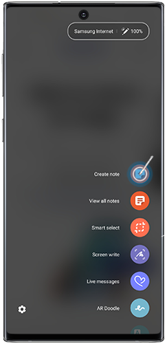 Es wird angezeigt, wie eine neue Notiz im S Pen Befehle-Menü des Galaxy Note10 kreiert wird.