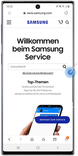 Die Internet-Support-Seite des Samsung Service wird im Galaxy Note10 angezeigt.