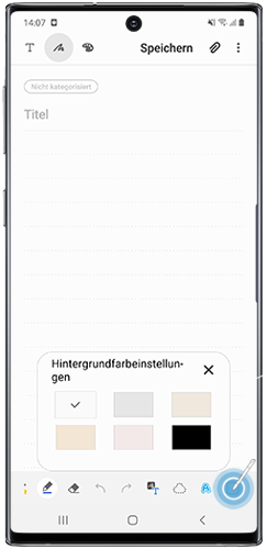 Es wird angezeigt, wie man im Galaxy Note10 den Hintergrund der Notiz mit Samsung Notes ändert.