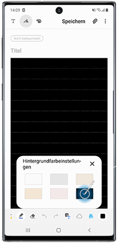 Es wird angezeigt, wie man im Galaxy Note10 die Hintergrundfarbe für eine Notiz mit Samsung Notes wählt.