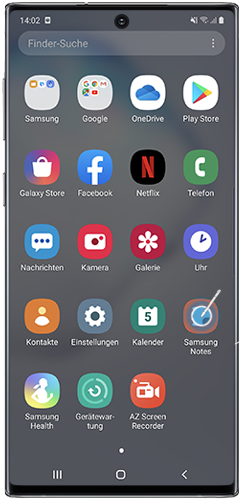 Es wird angezeigt, wie man Samsung Notes über den Startbildschirm des Galaxy Note10 öffnet.