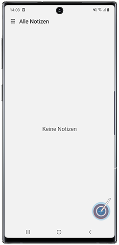 Es wird angezeigt, wie man im Galaxy Note10 mit Samsung Notes eine neue Notiz erstellt.