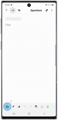 Es wird angezeigt, wie man im Galaxy Note10 in Samsung Notes einen Lieblingsstift hinzufügt.