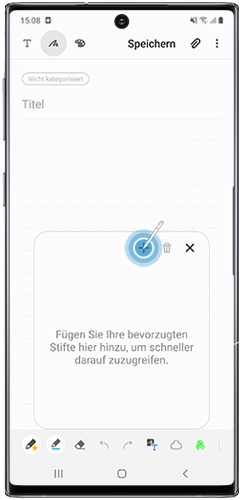 Es wird angezeigt, wie man im Galaxy Note10 bei Samsung Notes einen neuen Lieblingsstift erstellt.
