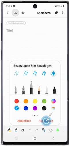 Es wird angezeigt, wie man den Stiftstil des Lieblingsstiftes bei Samsung Notes im Galaxy Note10 hinzufügt.