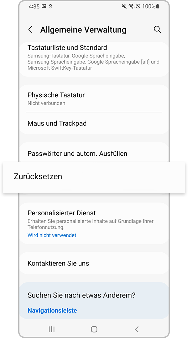 Wähle Zurücksetzen
