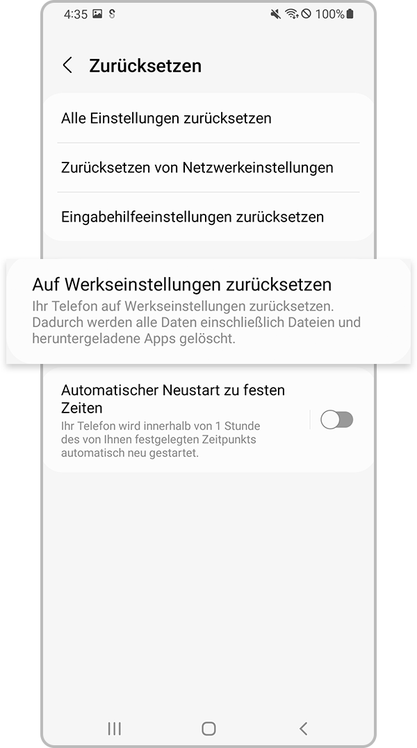 Wähle Auf Werkseinstellungen zurücksetzen