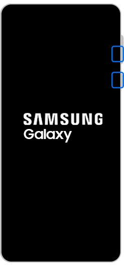 Ladebildschirm „Samsung Galaxy“ mit hervorgehobener Leiser-Taste und Seitentaste.