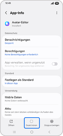 Bildschirm „App-Info“ mit hervorgehobener Option „Deaktivieren“.