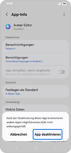 Bildschirm „App-Info“ mit hervorgehobener Option „App deaktivieren“.