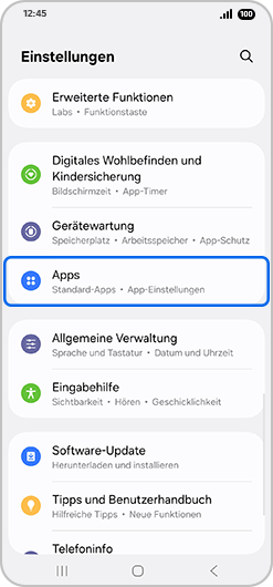 Bildschirm „Einstellengun“ mit hervorgehobenem „Apps“.